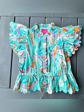 MARIE BY VICTORIA DUNN Tropical Preppy Coastal Beach Scallop Ruffle Hem Top XS